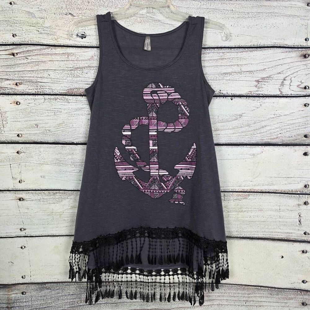 Vanity Gray Anchor Fringe Tank Top Size S